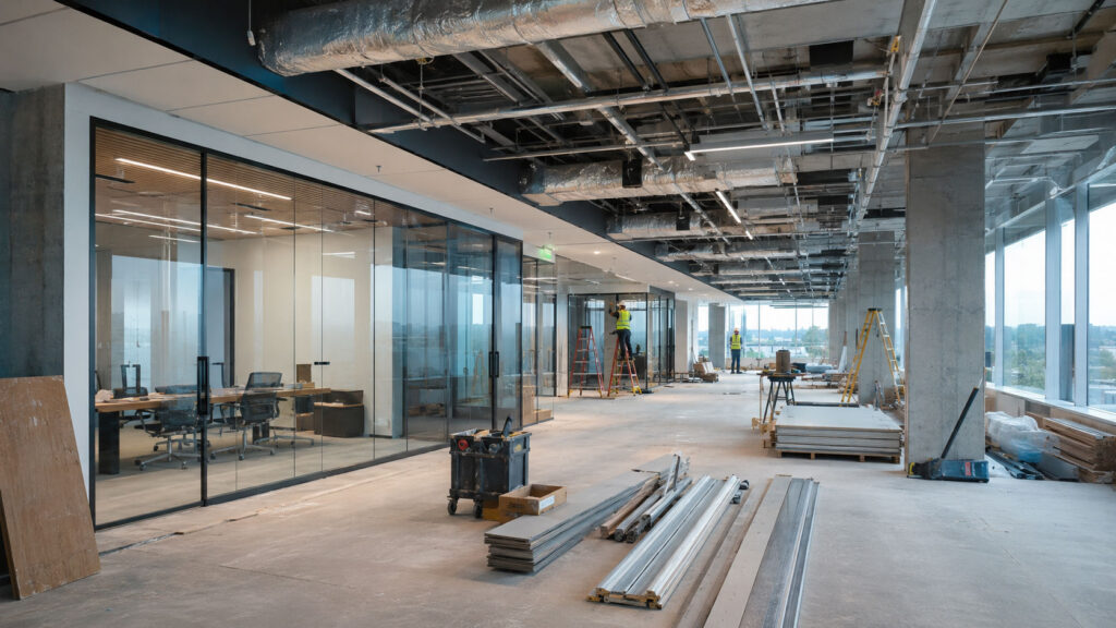 Wide view of a modern office interior under renovation with glass conference rooms, exposed ceiling systems, construction materials, and workers in the distance near large windows.